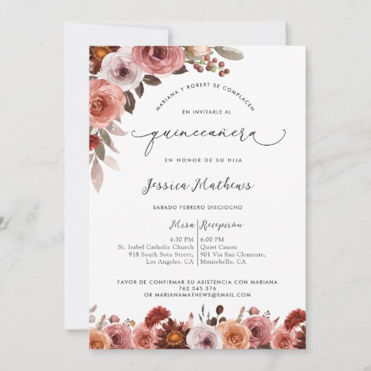 Fina Invitación Con Flores En Rosa De Quinceañera Einladung (Vorderseite)