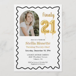 Finally 21 | Modern Gold Balloon Photo Birthday Einladung