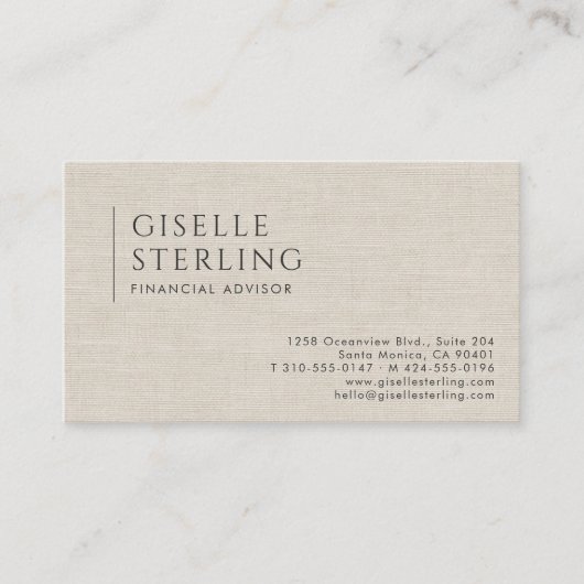 Financial Advisor Luxury Neutral Linen QR Code Visitenkarte (Vorderseite)