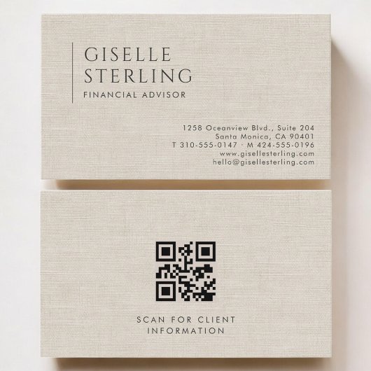 Financial Advisor Luxury Neutral Linen QR Code Visitenkarte