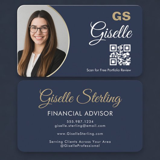 Financial Agent Photo QR Code Navy Blue Gold  Visitenkarte