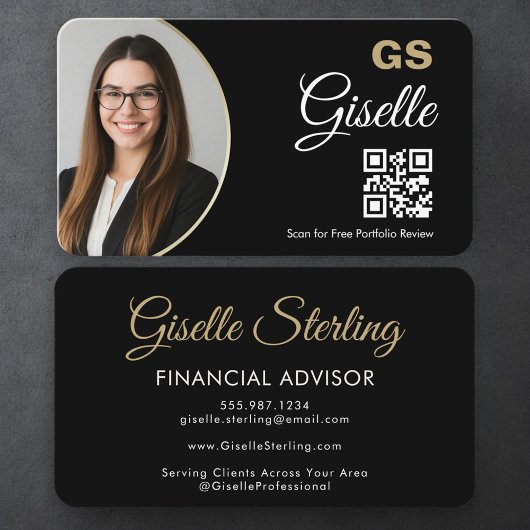 Financial Agent QR Code Photo Black Gold Visitenkarte