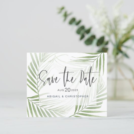 Finanzielle Tropenfolien Save the Date grün (Stehend Vorderseite)