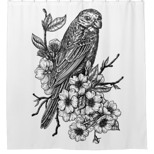 Finch auf Kirschzweig Duschvorhang (Vorderseite)