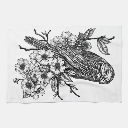Finch auf Kirschzweig Geschirrtuch (Horizontal)
