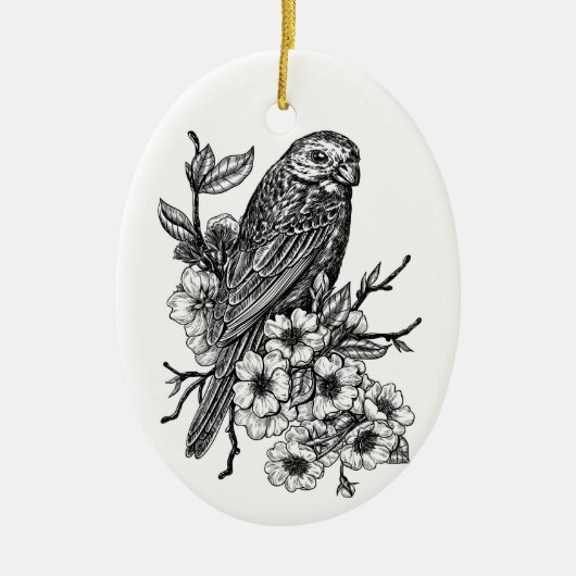 Finch auf Kirschzweig Keramik Ornament (Vorne)
