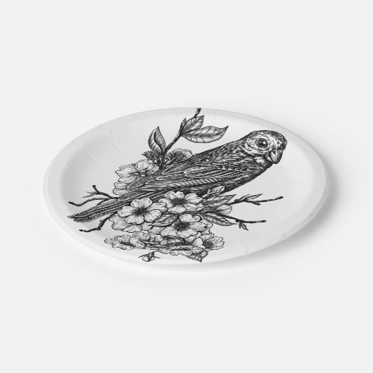 Finch auf Kirschzweig Pappteller (Schrägansicht)