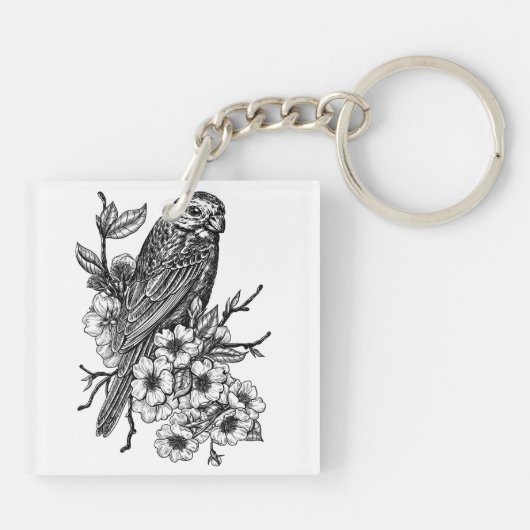 Finch auf Kirschzweig Schlüsselanhänger (Rückseite)