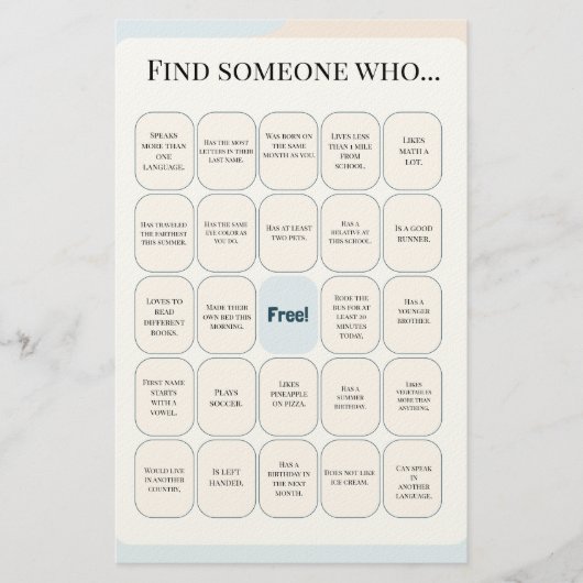 Find Someone Who Classroom Bingo Activity Briefpapier (Vorderseite)