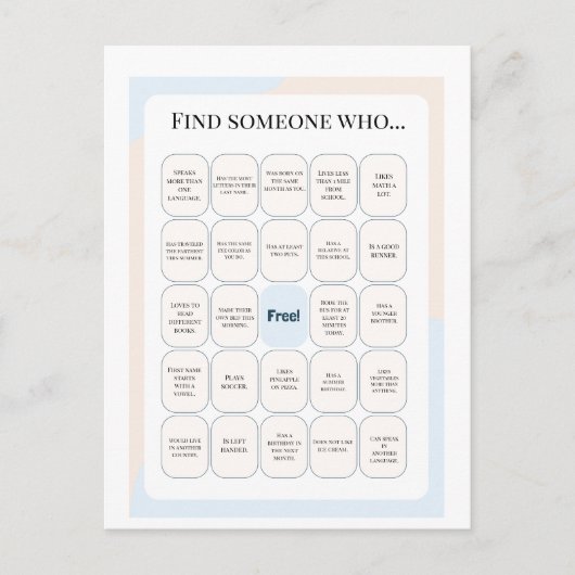 Find Someone Who Classroom Bingo Activity Postkarte (Vorderseite)