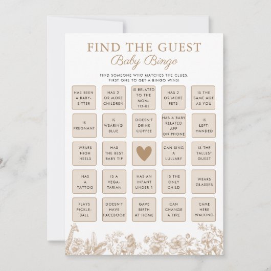 Find The Guest Baby Shower Safari Bingo Game Card Einladung (Vorderseite)