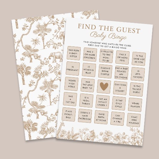 Find The Guest Baby Shower Safari Bingo Game Card Einladung