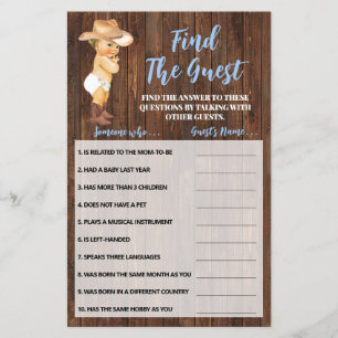 Finde den Gast-Cowboy-Baby-Shower-Spielkarte Flyer