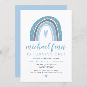 FINDE Dusty Blue Boho Rainbow Heart Boy Birthday Einladung