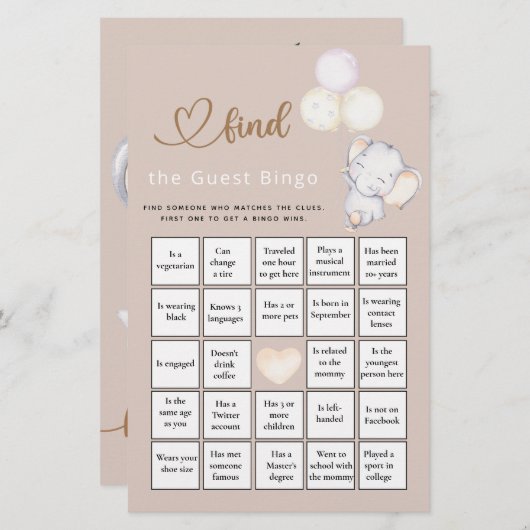 Finden Sie das Bingo Elephant Baby Shower Game (Vorne/Hinten)