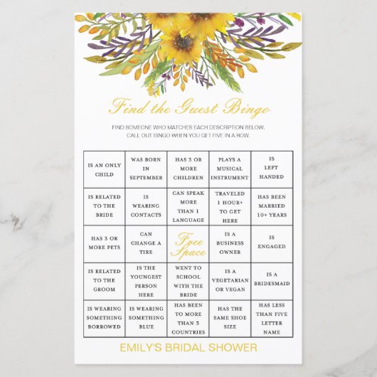 Finden Sie das Bingo Shower Game PRINTED (Vorderseite)