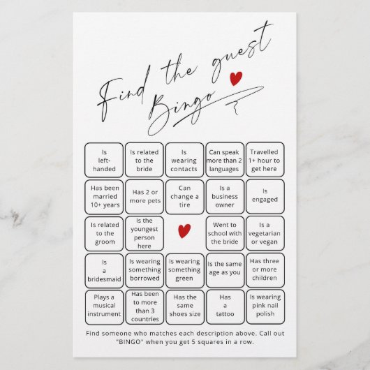 Finden Sie das Gast-Bingo Elegant-Skript-Bridal-Sp (Vorderseite)