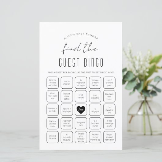 Finden Sie das Guest Bingo Baby Shower Game (Stehend Vorderseite)