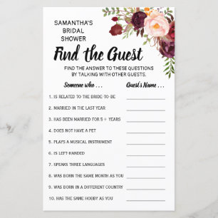 Finden Sie das Guest Marsala Blume Brautparty Game