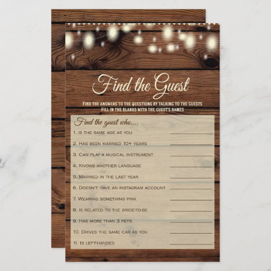 Finden Sie das rustikale Country Brautparty Game (Vorne/Hinten)