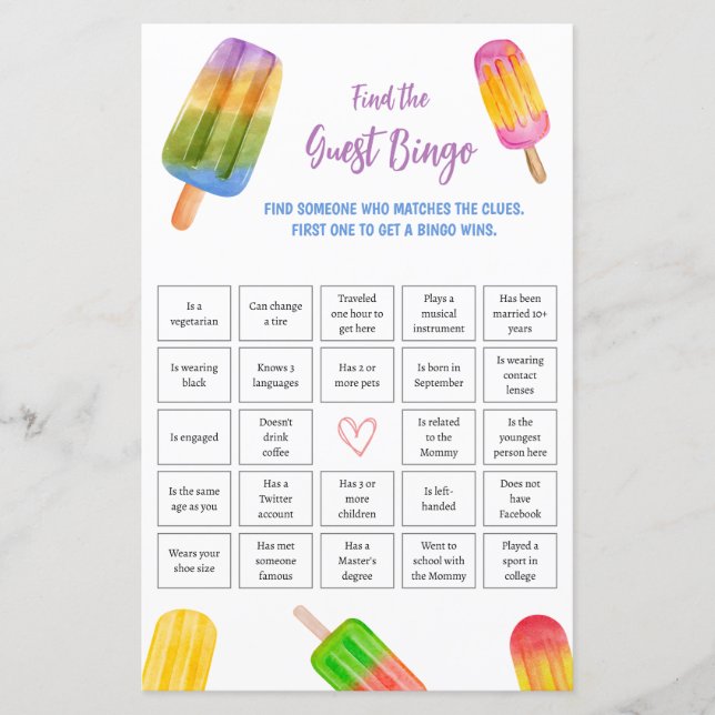 Finden Sie die Guest Bingo Game Summer Baby Shower (Vorderseite)