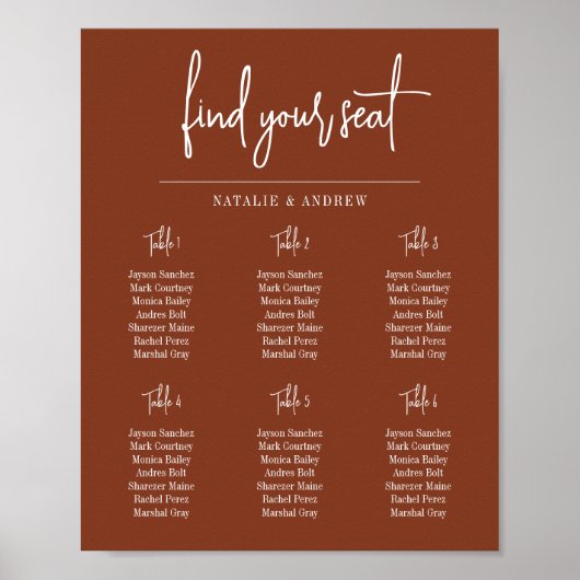Finden Sie Ihren Sitz Boho Terracotta Script Weddi Poster (Vorne)