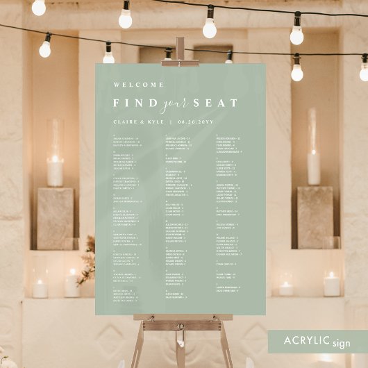 Finden Sie Ihren Sitzplatz blassgrüne alphabetisch Acrylschild