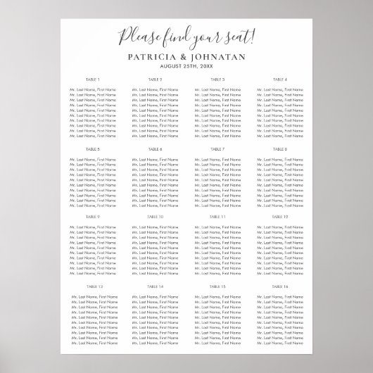 Finden Sie Ihren Sitzplatz einfache Skriptübersich Poster (Vorne)