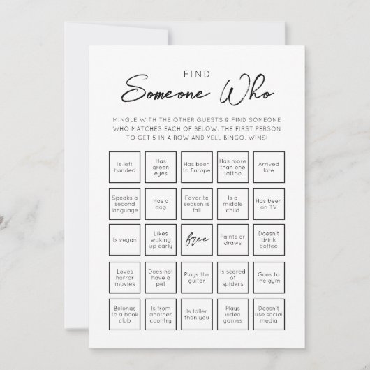 Finden Sie jemanden, der Bingo Game Card Einladung (Vorderseite)