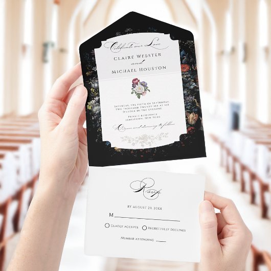 Fine Art Black Floral Calligraphy All In One Einladung