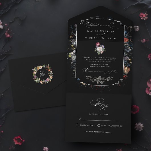 Fine Art Black Floral Calligraphy All In One Einladung