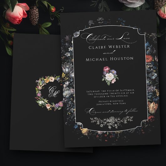 Fine Art Black Floral Calligraphy Einladung