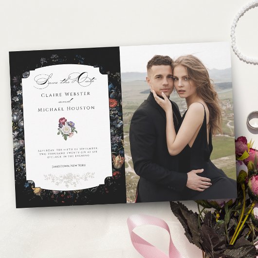 Fine Art Black Floral Calligraphy/Foto Save The Date