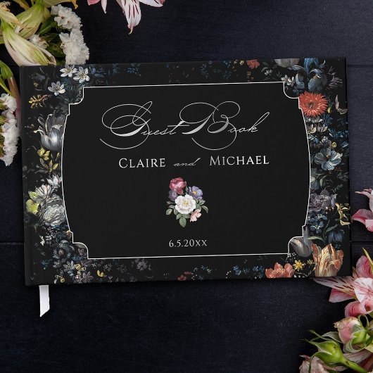 Fine Art Black Floral Calligraphy Gästebuch