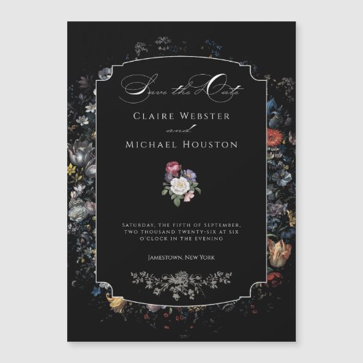 Fine Art Black Floral Calligraphy Magneteinladung (Vorderseite)