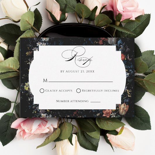 Fine Art Black Floral Calligraphy RSVP Karte