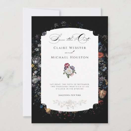 Fine Art Black Floral Calligraphy Save The Date (Vorderseite)
