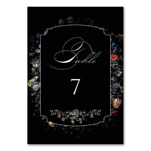 Fine Art Black Floral Calligraphy Tischnummer (Vorderseite)