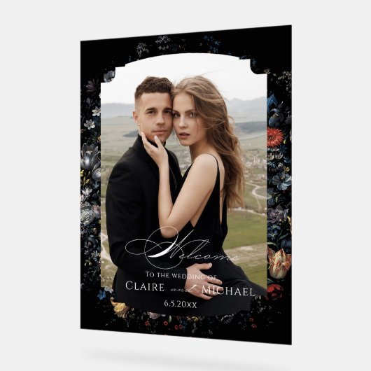 Fine Art Black Floral Calligraphy Willkommen Acrylschild (Winkel)