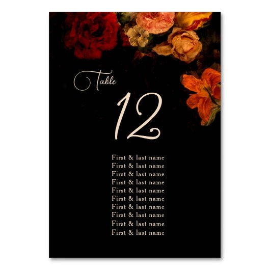 Fine Art Dark Moody Floral Wedding  Seating Chart Tischnummer (Vorderseite)