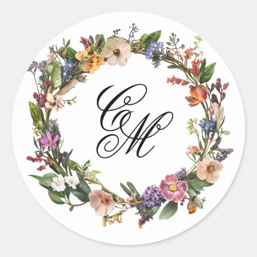 Fine Art Floral Wreath Monogram Runder Aufkleber (Vorderseite)