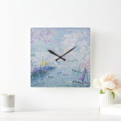 Fine Art Painting Sea Port Ships Bridge Light Blue Quadratische Wanduhr (Zuhause)