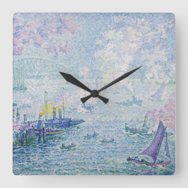 Fine Art Painting Sea Port Ships Bridge Light Blue Quadratische Wanduhr