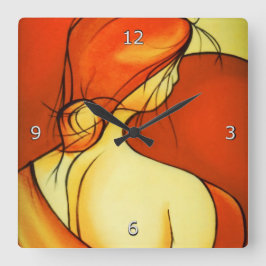 Fine Art Pensive Lady in Orange Quadratische Wanduhr