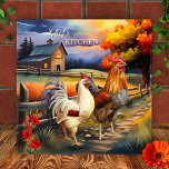 Fine Art Rooster Farm Kitchile Fliese<br><div class="desc">Küchenfliese mit einem farbenfrohen Kunstgemälde von Hahn und Huhn. Eine fröhliche Ergänzung zu jeder Küche und ein schönes Geschenk für jemanden,  der gerne kochen möchte.</div>