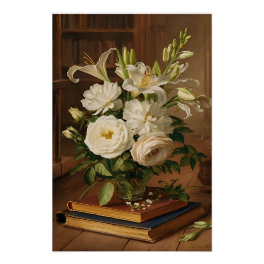 Fine Art Vintag White Roses Ölgemälde Poster (Vorderseite)