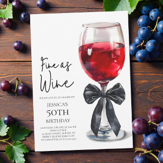 Fine as Wine Elegant Black Bow 50th Birthday Party Einladung