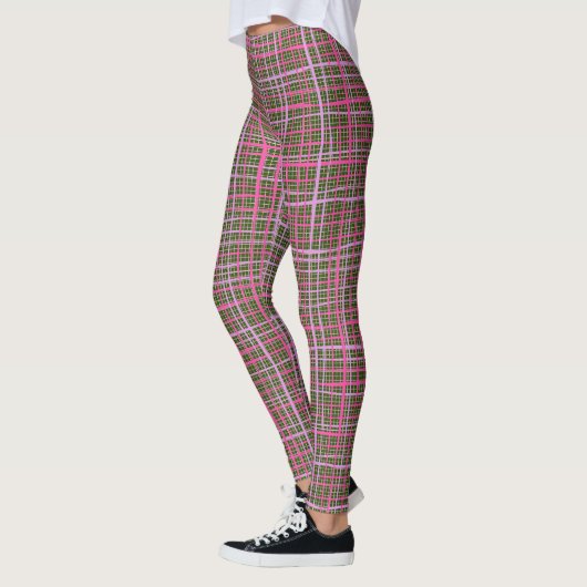 Fine lines Checkered pattern C09.pink on DGreen BG Leggings (Links)