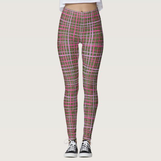 Fine lines Checkered pattern C09.pink on DGreen BG Leggings (Vorderseite)