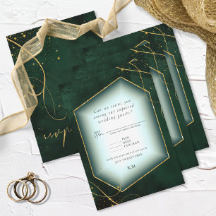 Fine Lines Gold Abstrakt Wedding Emerald ID867 RSVP Karte